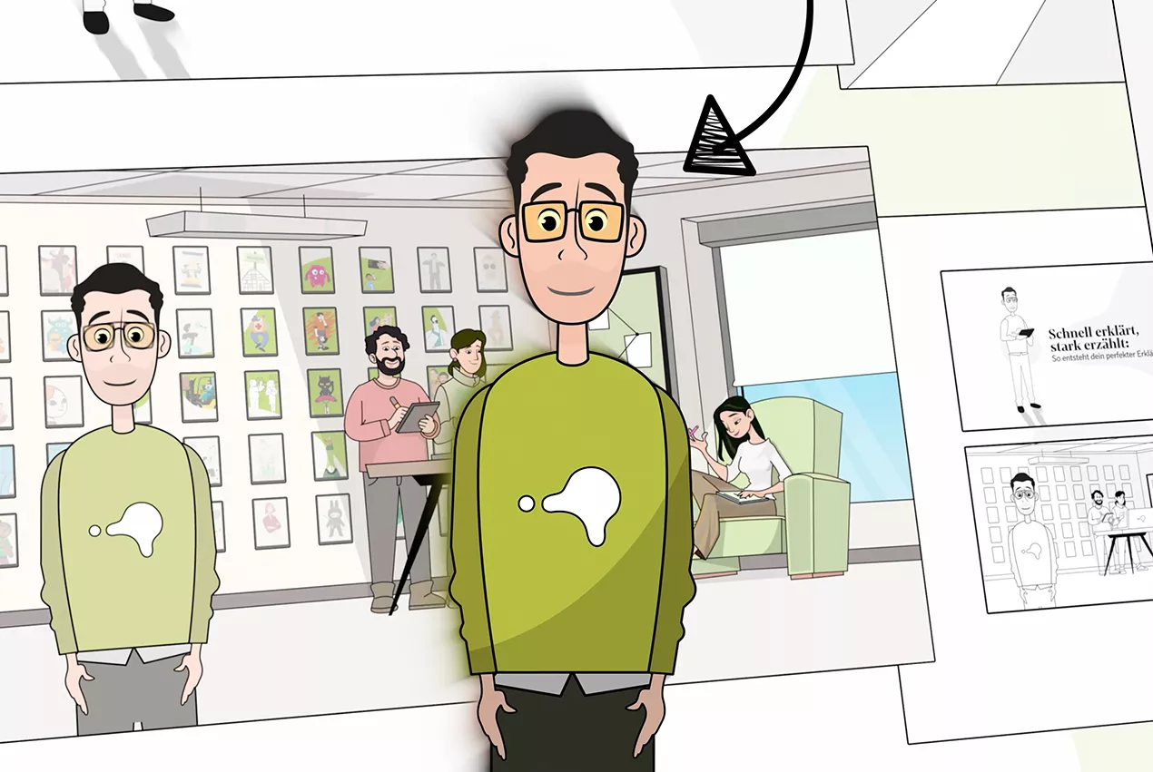 Animation flowie Eine illustrierte Person steht vor verschiedenen illustrierten Screens