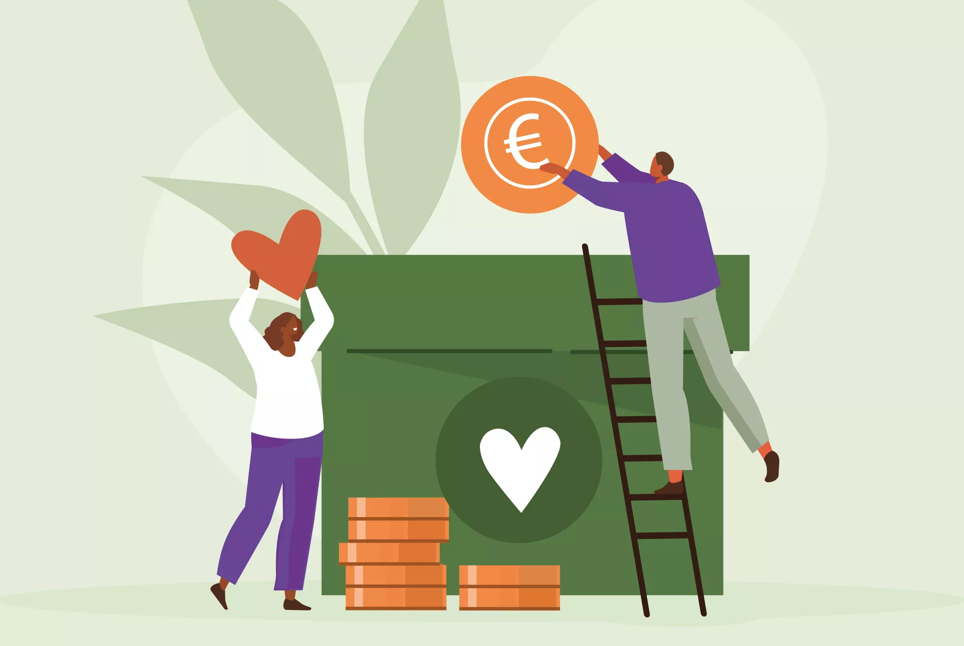 Fundraising Hero Illustration auf der zwei Personen Geldstücke und ein Herz in einen Blumentopf geben, sinnbildlich für Fundraising