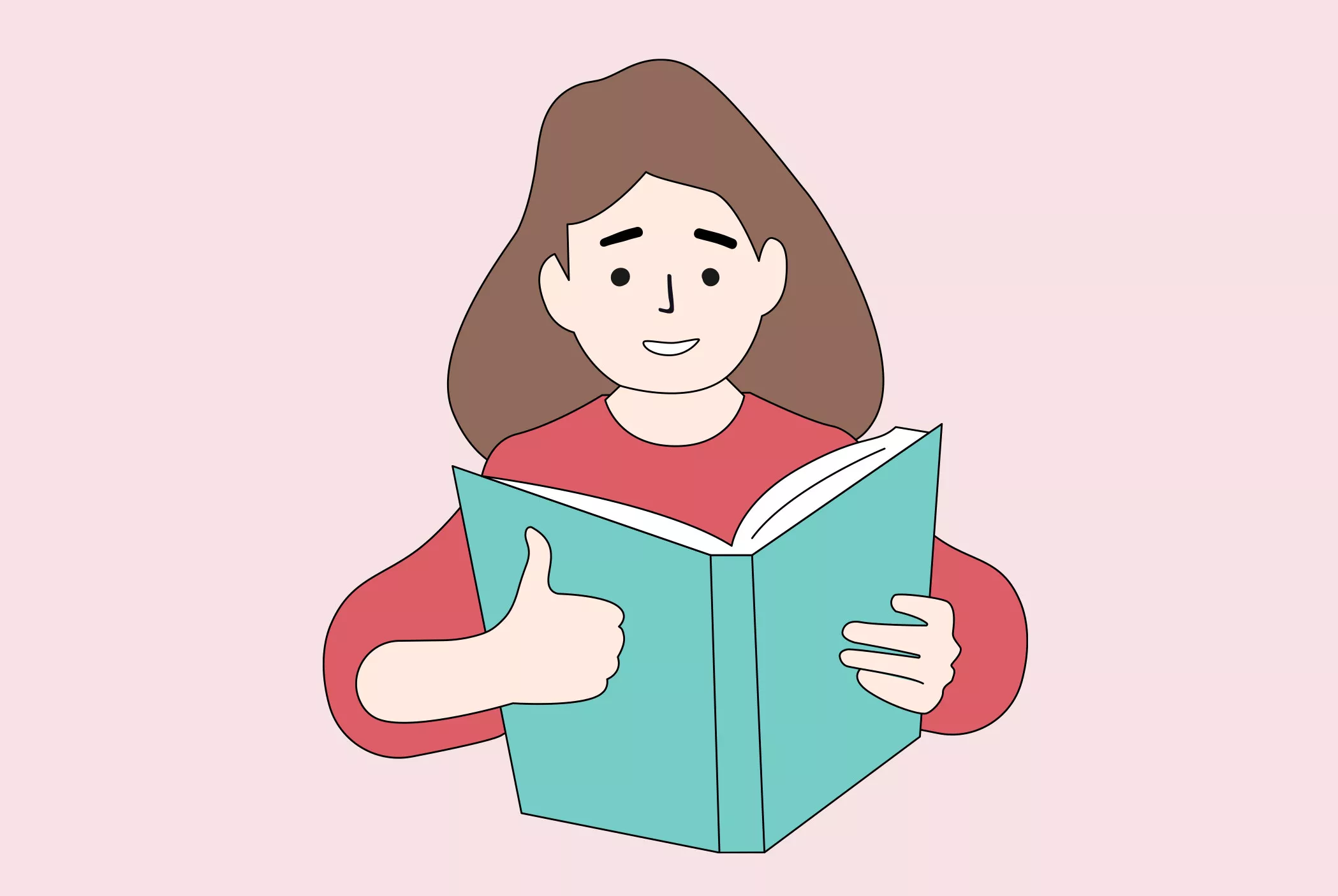 Leichte Sprache Hero Illustration einer braunhaarigen Frau, die in ein Buch schaut.