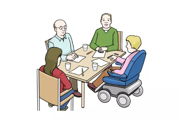 Leichte Sprache Menschen sitzen zusammen an einem Tisch