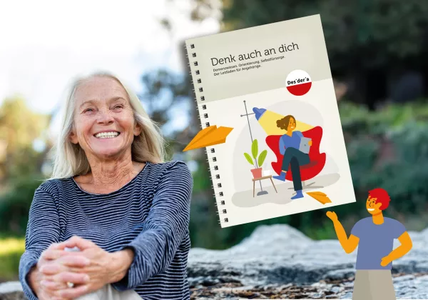 Denk auch an dich-Leitfaden Ältere Frau in der Natur, im Vordergrund Leitfaden "Denk auch an dich"